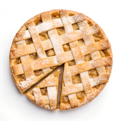 Freshly Baked Apple Pie with Lattice Crust and Powdered Sugar — Overhead Close-Up on White Background