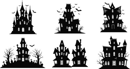 Haunted house silhouettes with bats, graveyard, spooky trees and gothic windows scary Halloween night horror castle vector illustration design.