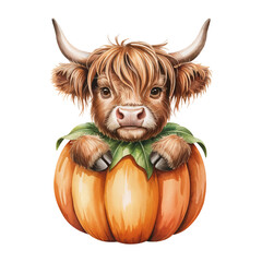 Cute highland cow peeking out from the pumpkin. Hand drawn watercolor illustration.