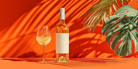 Glass and bottle of white wine with tropical leaves casting shadows on orange background