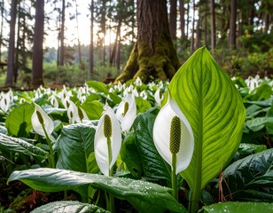White flowers in a lush forest
