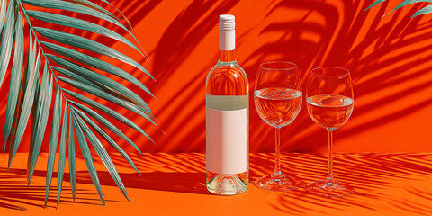 Clear wine bottle and two glasses with liquid on bright orange surface with palm leaf shadows