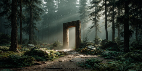 Mystical stone doorway stands in sunlit forest clearing with rays shining through tall trees