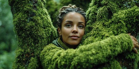 Young woman embracing moss covered tree in serene forest with calm and peaceful expression