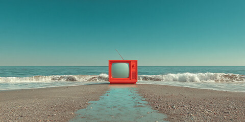 Vintage red television on beach shore with ocean waves and clear sky in background