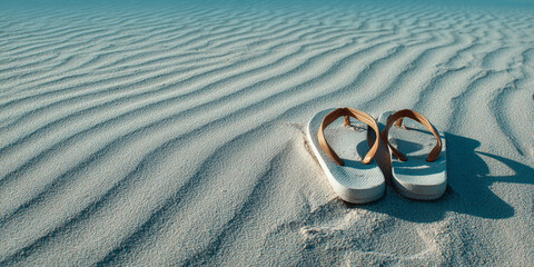 Flip flop sandal on sandy beach with ripple pattern and shadow in sunlight