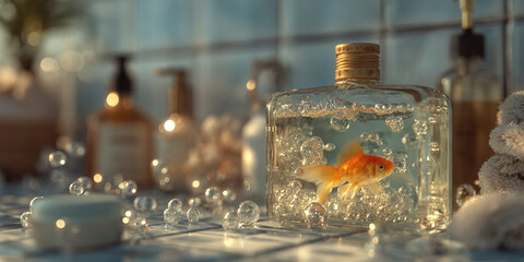 Goldfish in glass bottle with bubbles on bathroom counter with soap and towels