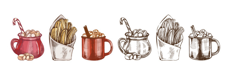 Hand drawn vintage sketch of hot cocoa mugs with marshmallows and churros set in color and monochrome
