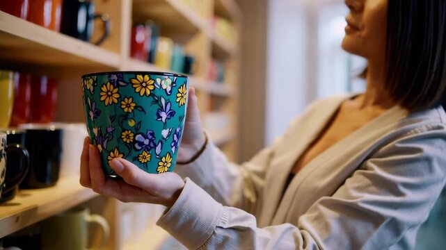 Woman choosing a colorful mug from a vibrant kitchenware shelf in modern store