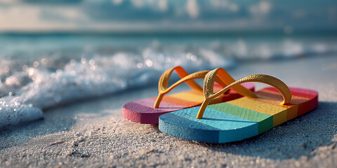 Colorful flip flop sandals with yellow straps on sandy beach near ocean waves