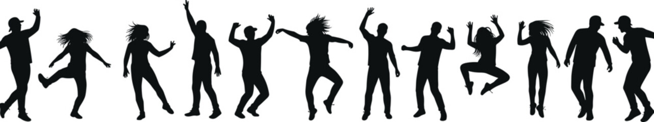 Obraz premium Jumping dancing silhouettes, joyful people poses, expressive movement, black figures, celebration, happiness, energy, white background, emotion