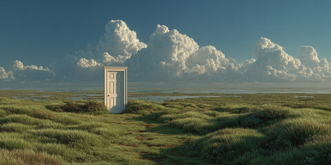 Surreal scene with white wooden door standing alone in vast grassy field under cloudy sky
