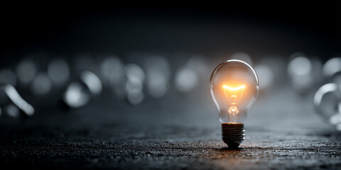 Glowing lightbulb shining brightly on dark textured surface with blurred bulbs in background
