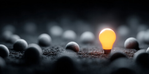 Glowing lightbulb shining brightly among dark spheres on textured surface, symbolizing ideas