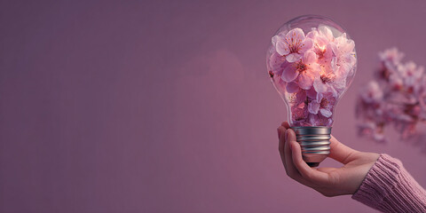 Hand holding light bulb filled with pink cherry blossom flowers glowing softly with warmth