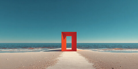 Minimalist red geometric sculpture on sandy beach with calm sea and clear sky