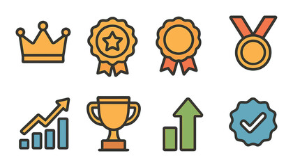 Award icons set: crown, medals, trophies, graphs highlight achievements