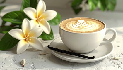 A beautifully crafted cup of coffee with latte art sits elegantly on a white saucer next to a vanilla bean and adorned with delicate white flowers, creating a tranquil and inviting morning scene,...
