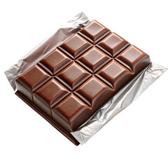 Obraz premium Delicious milk chocolate bar with foil wrapper on a dark background