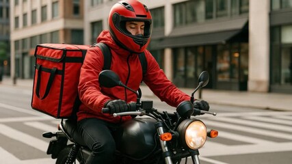 Low-angle shot of a delivery person on a motorcycle in urban setting, wearing red gear. Ideal for a video on modern delivery services.