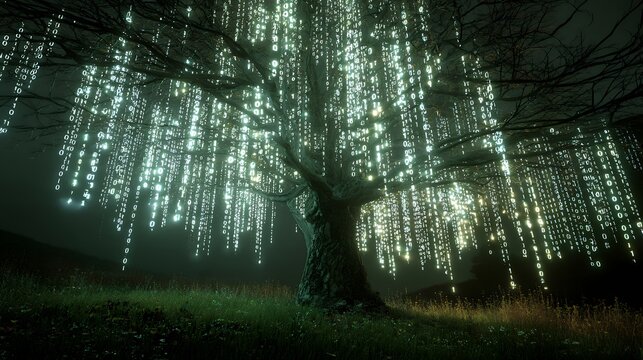 Tree Made of Glowing Data Streams and Binary Code Digital Nature