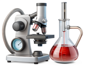 Scientific laboratory equipment including a microscope and a flask with red liquid on a black background