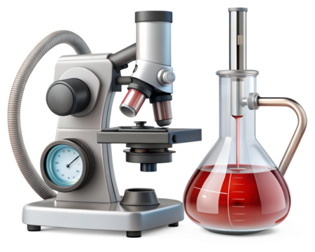 Scientific laboratory equipment including a microscope and a flask with red liquid on a black background