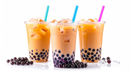 Bubble Tea with Tapioca Pearls, Ice Cubes Visible, Colorful Straw, Isolated on White