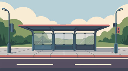 Fototapeta premium A cartoon illustration of a bus stop with street lights and a traffic light on a sunny day scene
