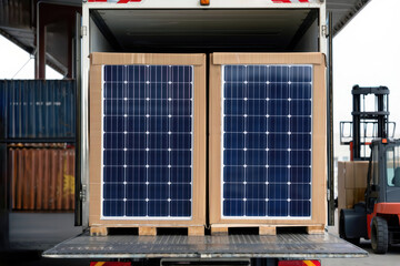 Palletized photovoltaic solar panels being unloaded from a truck at an industrial shipping dock.