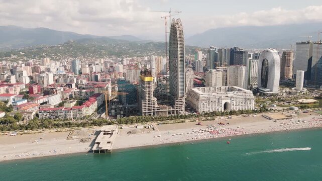 Batumi, Georgia - 19th august, 2025: Aerial view Alliance centropolis complex construction site. New real estate property buildings hotels. Batumi city Black sea coast luxury developments