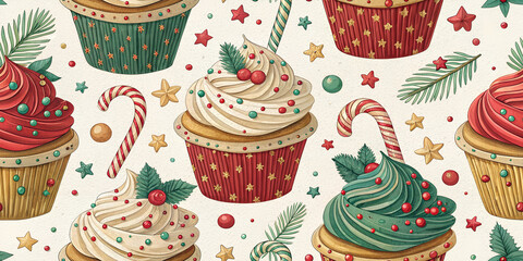 Decorated Cupcakes Christmas Seamless Pattern, Holiday Event Festive Treats