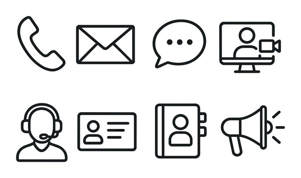 Communication icons: phone, email, chat, video, support, contact - Powered by Adobe