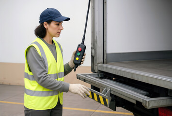 A female logistics worker operates a truck tail lift with a remote control at a loading dock.