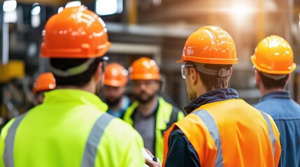 Group of industrial engineers wearing hard hats and safety vests are discussing work in a large factory, focusing on workplace safety and teamwork