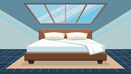 A luxurious bed with plush white bedding is situated underneath a massive skylight allowing natural light to flood the room.