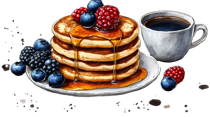 A Stack of Pancakes with Berries and Maple Syrup Illustration