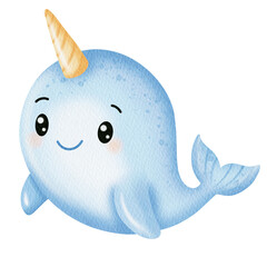 Watercolor Cute narwhal. Under the sea. © Walaiporn Sangkeaw