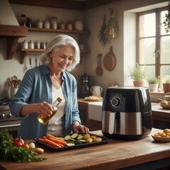 Happy, smiling senior woman cooking french fries with a modern air fryer in a bright, contemporary home kitchen for healthy eating.

