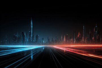 Futuristic minimalist cityscape at night with glowing neon data highways streaming through the skyline, representing digital communication flow, using limited colors of blue, red, and black. 