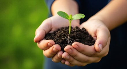 Hands holding a small plant with soil and visible roots