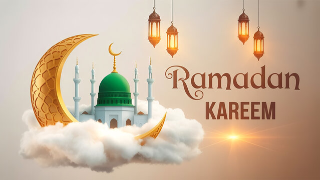 Ramadan Kareem greeting card with mosque, moon and lanterns 3d rendering illustration