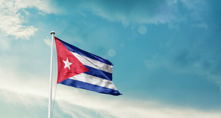 Cuba national flag fluttering. The flag blowing in beautiful soft sky. Cuba national flag for...
