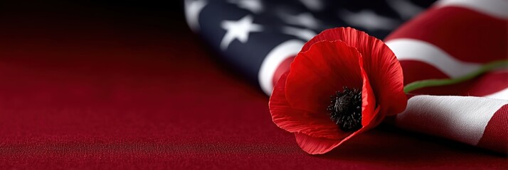 Red poppy flower on the American flag background, symbolizing Memorial Day, Veterans Day, honor, remembrance, and national pride. Horizontal patriotic banner with copy space for text