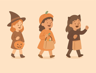 Halloween Trick or Treat Kids – Children in Witch, Pumpkin, and Animal Costumes Flat Vector Illustration