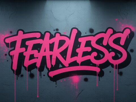 Bold pink graffiti word fearless sprayed on textured wall