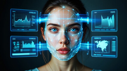 Woman with glowing digital face projection and data screens image