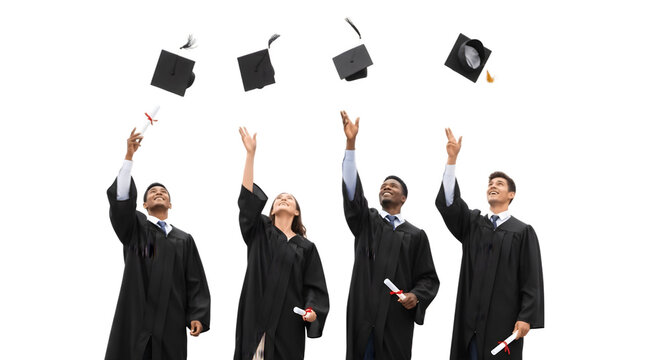 Diverse group of graduates celebrating their academic achievement by throwing caps in the air.