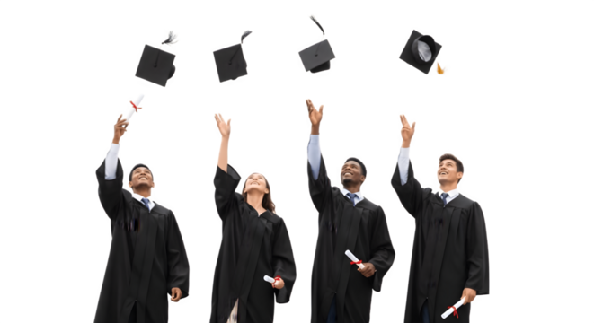 Diverse group of graduates celebrating their academic achievement by throwing caps in the air.