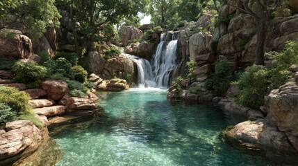 Naklejka premium Serene natural landscape with cascading waterfall flowing into clear turquoise pool surrounded by lush green trees and rocky terrain in a tranquil outdoor setting